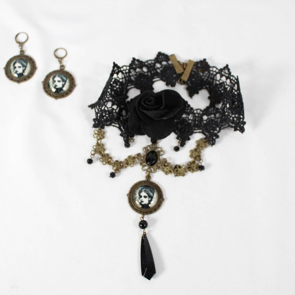 Victorian Goth Ophelia's Woe Crying Victorian Woman Earrings and Lace Choker Set